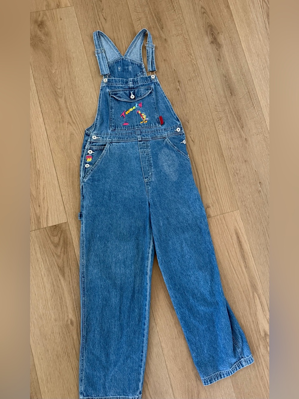 VTG 90s Looney Tunes Tweety Bird Denim Overalls Medium Painter Art Bib Pants